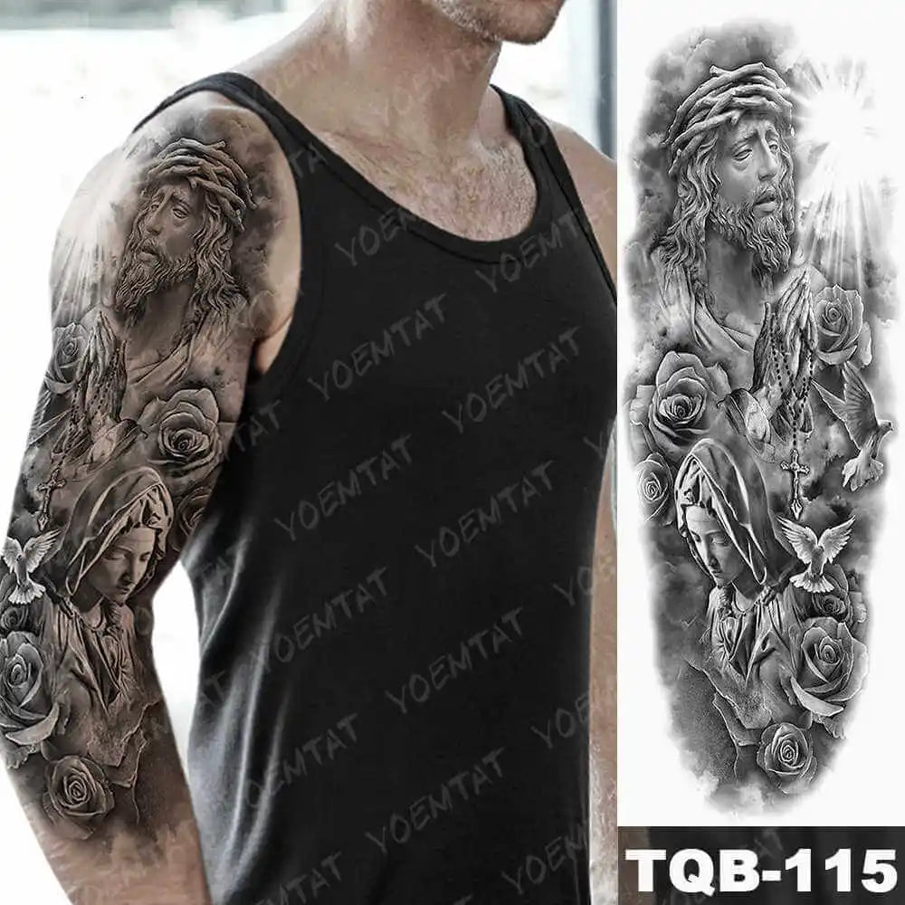 Large Arm Sleeve Tattoo Forest Angel Wolf Lion Waterproof Temporary Tatto Sticker Crown Skull Body Art Full Fake Tatoo Women Men
