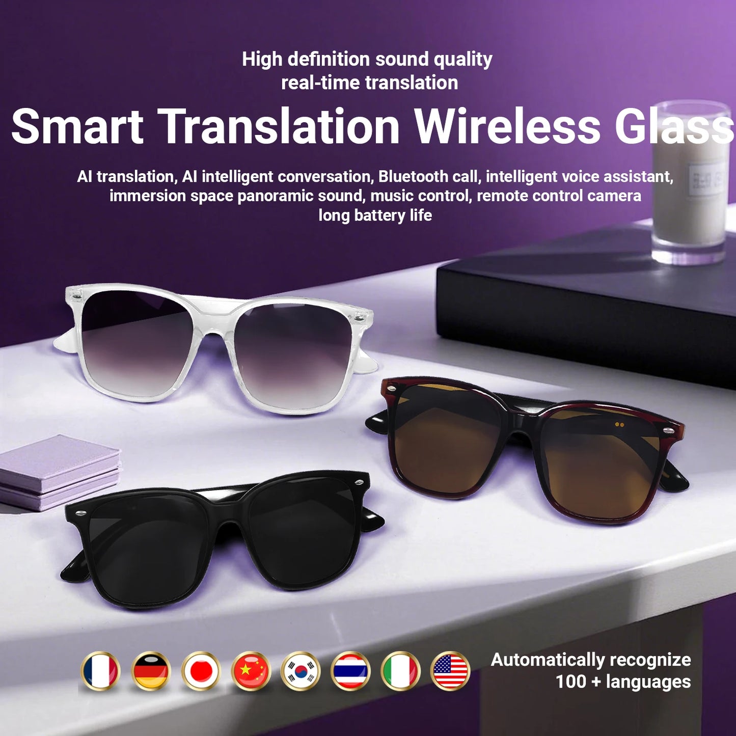 SENBONO GY500 HiFi Stereo Wireless Headphones Smart Glasses Translator UV Protection for Travel Outdoor Sports AI Sunglasses