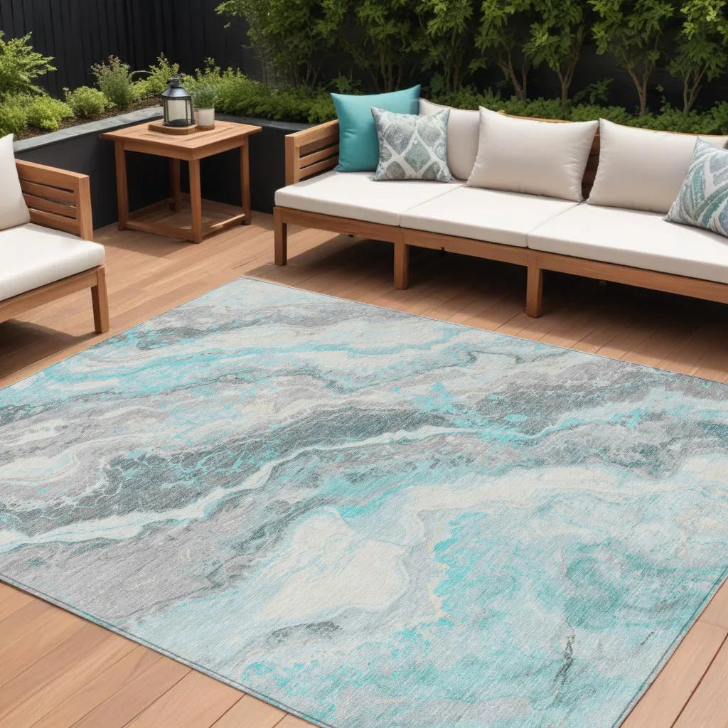 HMS 3' X 5' Indoor/Outdoor Area Rug Blue and Silver Botanical Leaves Washable Set