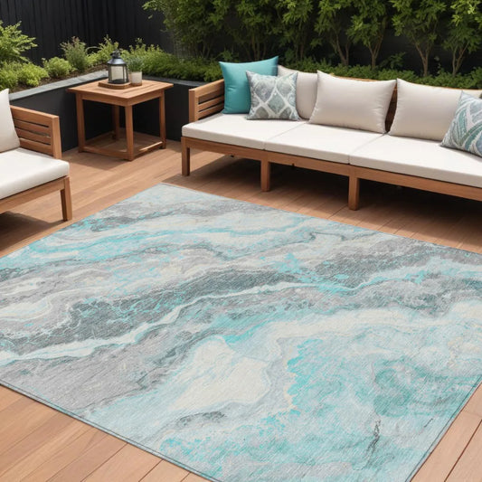 HMS 3' X 5' Indoor/Outdoor Area Rug Blue and Silver Botanical Leaves Washable Set