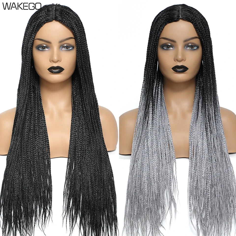 Wakego 26 Inch Ombre Box Braided Wigs For Black Women Braided Wig Fake Scalp Heat Resistant Braiding Hair Wig Peruca Sintetica