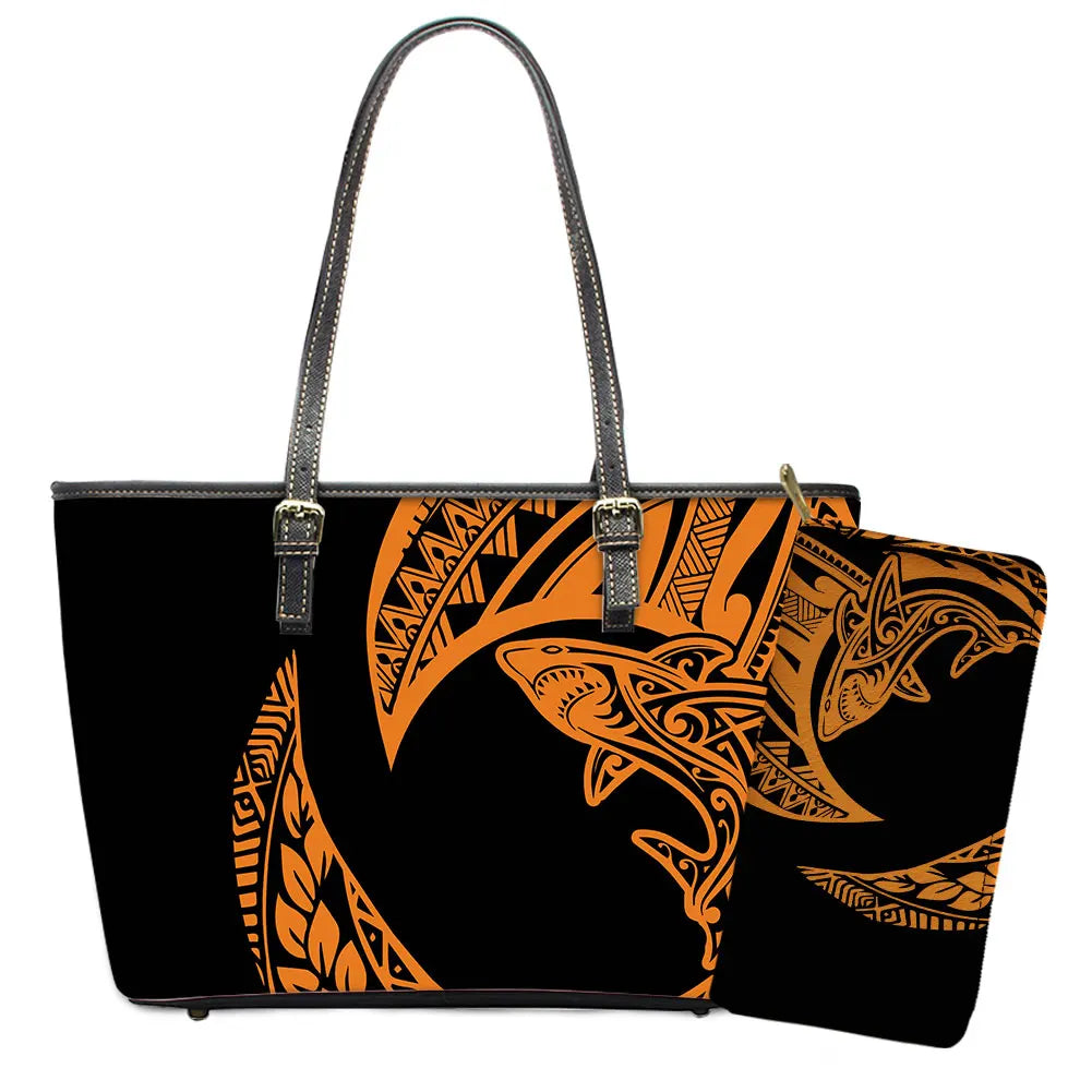 Elegant Polynesian Tribal Hawaii Tropical Leather Purses with Zipper Wallet Luxury Ladies Tote Bag Custom Women's Shoulder Bag
