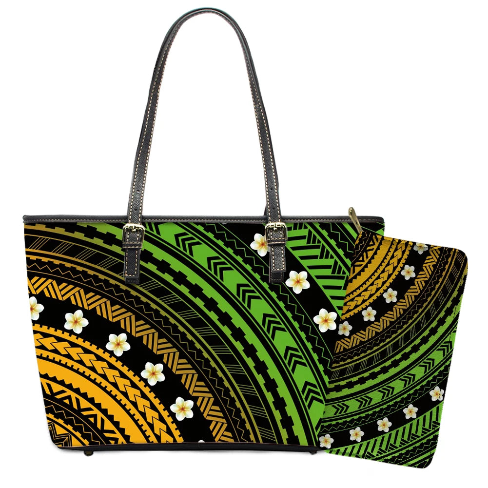 Elegant Polynesian Tribal Hawaii Tropical Leather Purses with Zipper Wallet Luxury Ladies Tote Bag Custom Women's Shoulder Bag