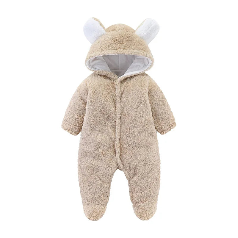 Baby Winter Newborn Infant Toddler Boys Girls Cartoon Bear Footed Jumpsuit Baby Coral Fleece Hooded Romper