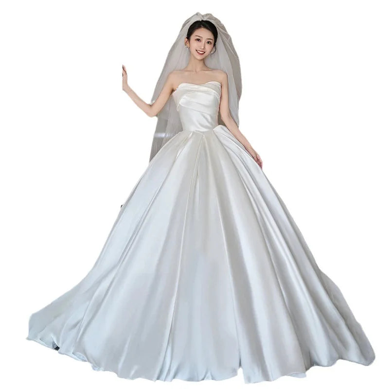 S6615F       Drop Shipping 2025 New Tube Top Satin Bride Senior Texture Main Dress for Women Wedding Party