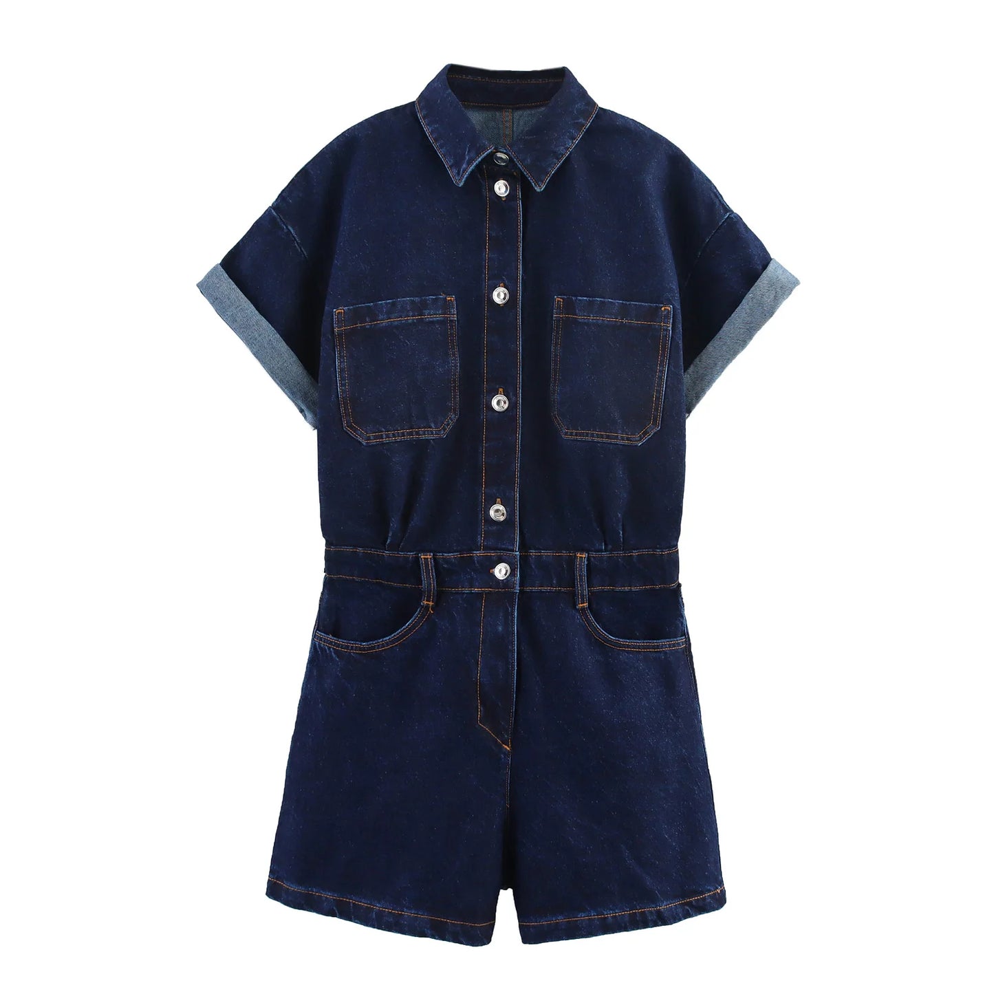 KP&ZA Vintage Summer Women's Casual Slim Denim Overalls Washed Technique Waist Solid 1879039 Rolled Sleeve Lapel Button