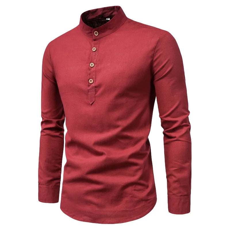 DAN Slim Solid Color Long Sleeve Business Shirt Half-Open with Standing Collar Cotton Linen  Autumn K93K1-01-10