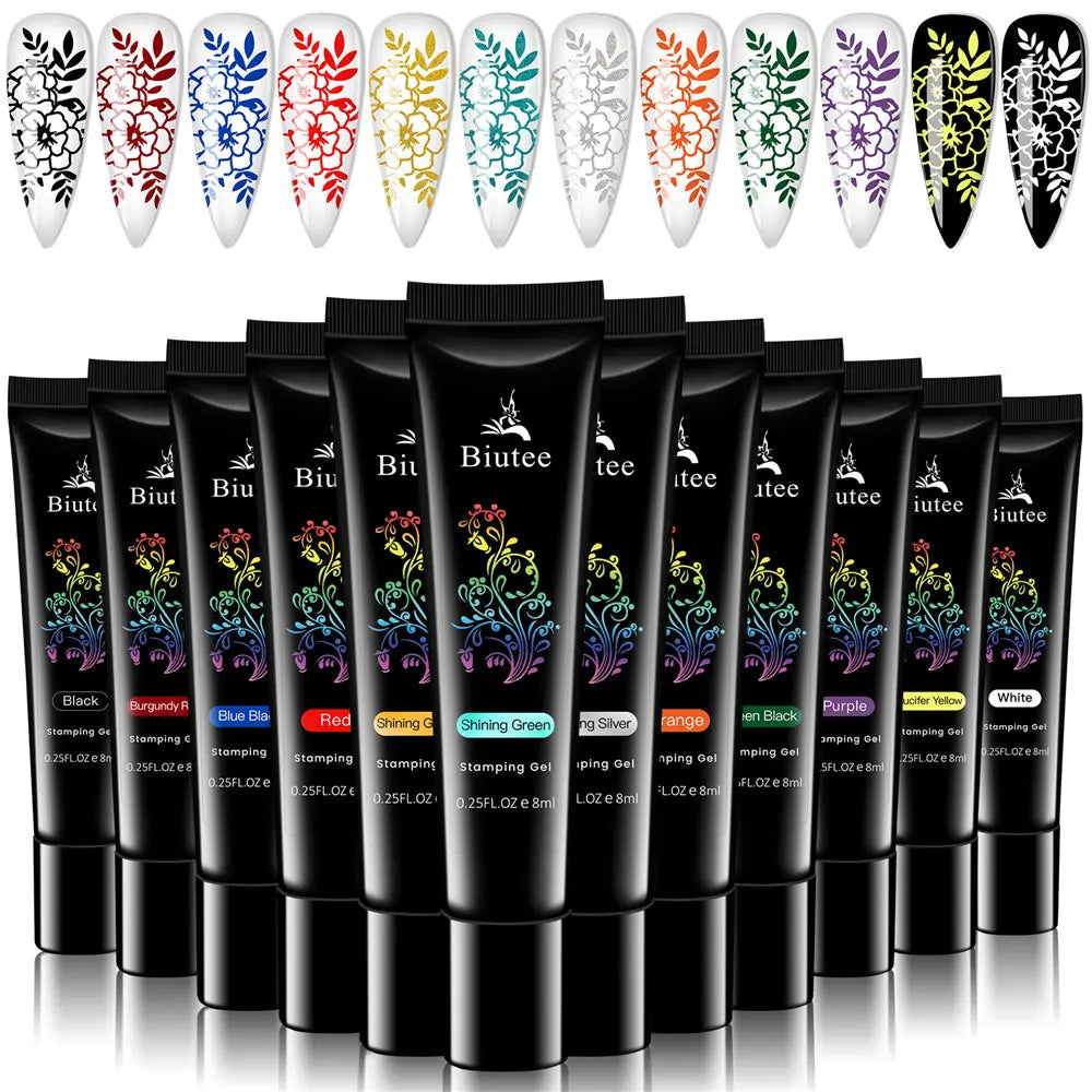 BIUTEE Nail Stamping Gel Polish Set 12 Colors Templates Stamp Print Oil UV Gel Varnish Soak Off Nail Art Kit Stamping Plate Tool