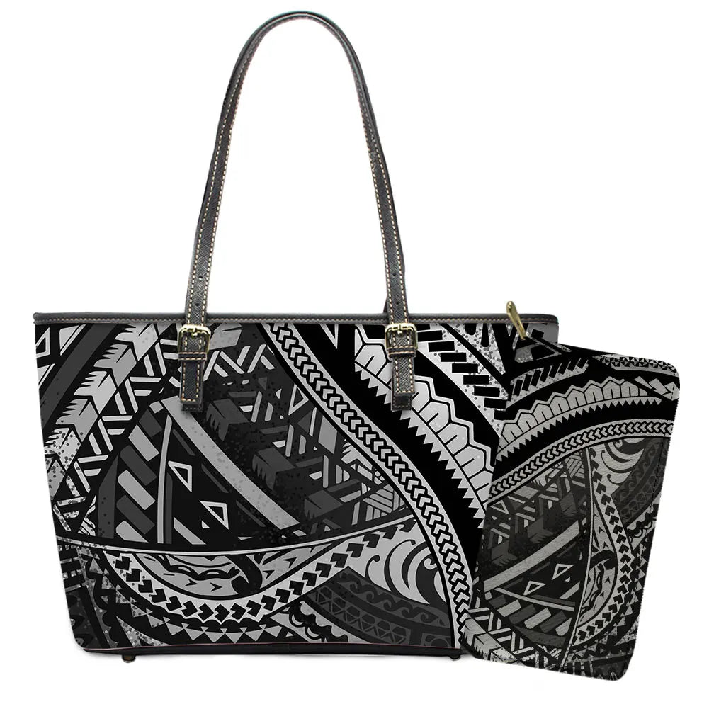 Elegant Polynesian Tribal Hawaii Tropical Leather Purses with Zipper Wallet Luxury Ladies Tote Bag Custom Women's Shoulder Bag