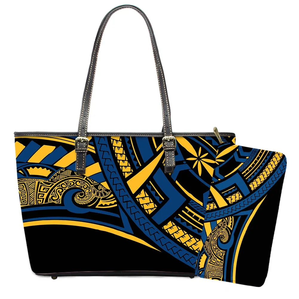 Elegant Polynesian Tribal Hawaii Tropical Leather Purses with Zipper Wallet Luxury Ladies Tote Bag Custom Women's Shoulder Bag