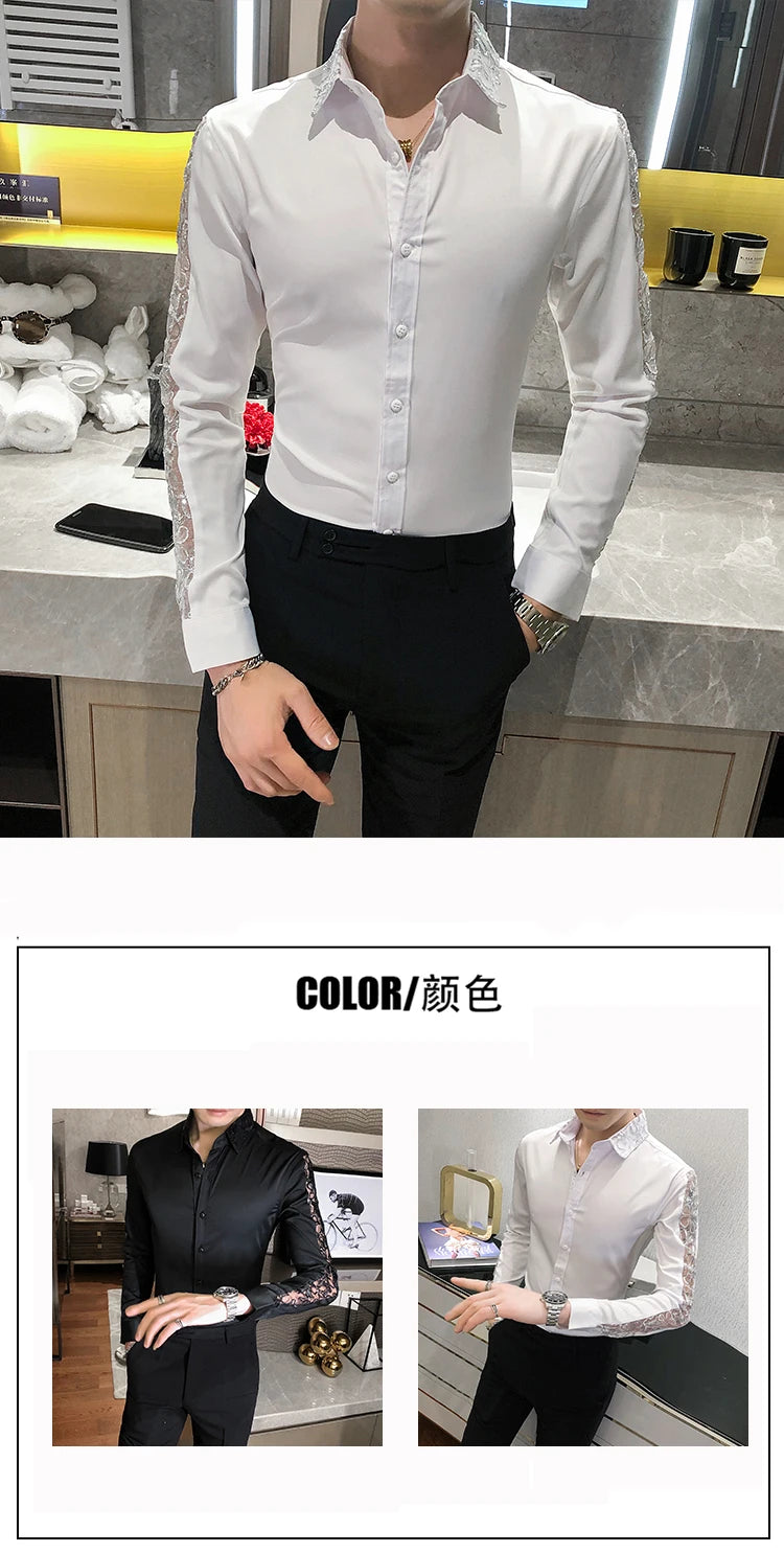 Chemise Homme Fashion Sexy Lace Long Sleeve Elegant Shirts For Men Clothing Slim Fit Casual Men's Social Shirt Tuxedo Big Size
