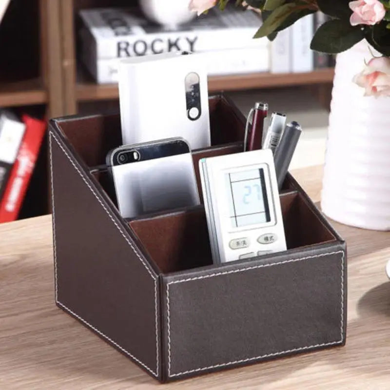 Household Phone And TV Remote Control Leather Storage Box Desk Organizer Holder Home Office Storage Case