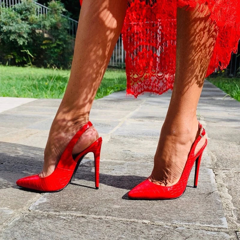 Onlymaker Women 12CM Slingback High Heels Pumps Red Color Pointed Toe Ankle Strap  Big Size Fashion Sandals