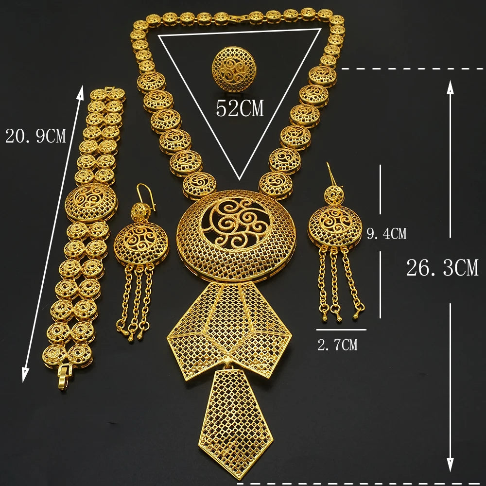 African Gold Color Long Necklace/Earrings/Ring Big Jewelry Set Women Arab Jewelry Wedding Accessories