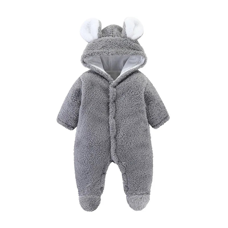 Winter Newborn Infant Toddler Boys Girls Cartoon Bear Footed Jumpsuit Baby Coral Fleece Hooded Romper