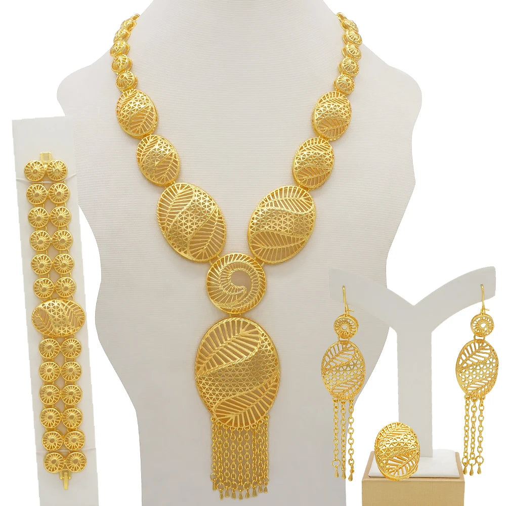 African Gold Color Long Necklace/Earrings/Ring Big Jewelry Set Women Arab Jewelry Wedding Accessories
