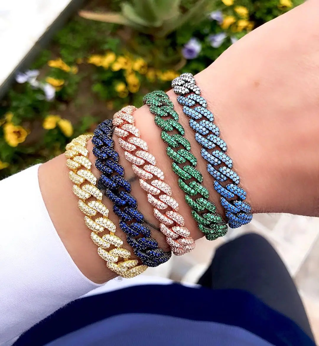 Women Hip Hop Colorful Cz Cuban Chain Bracelet 10mm Width Blue Red Green Cubic Zirconia Cuban Chain Bracelet Bangle For Women