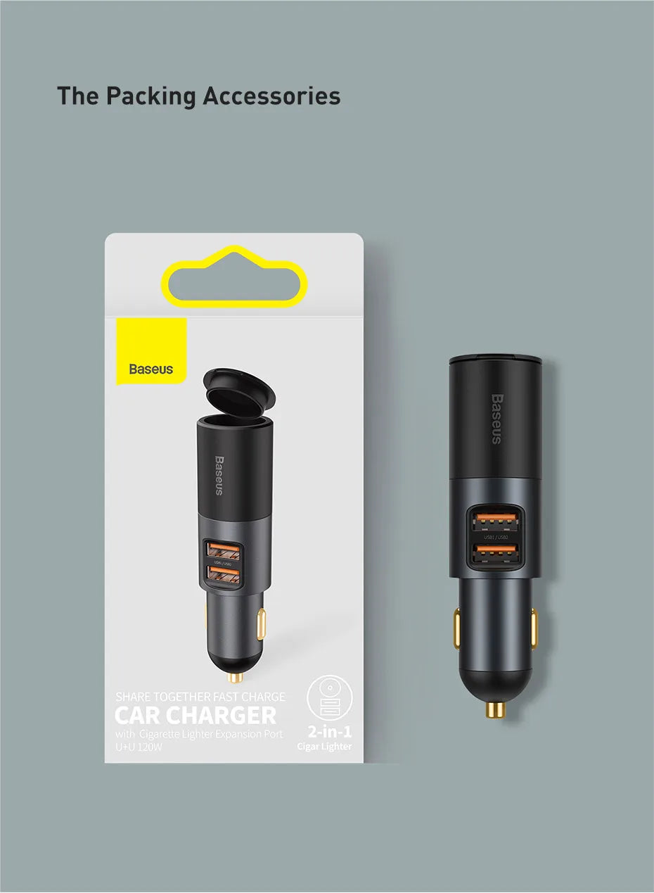 Baseus 120W Car Phone Charger Quick Charge QC 4.0 3.0 Dual USB Type C Expand Charger Adapter For iPhone Xiaomi Samsung Huawei