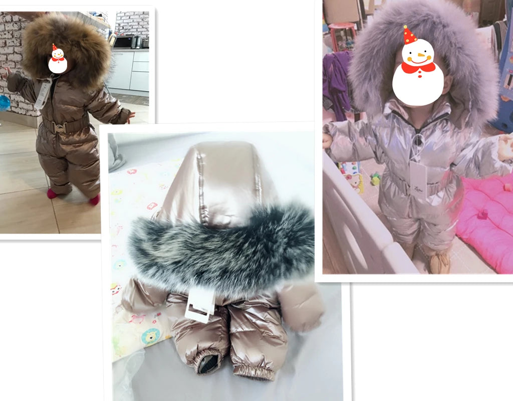 Russian Winter Boys Girls 1-5Y Winter Overalls Baby Rompers Duck Down Jumpsuit Real Fur Collar Children Outerwear Kids Snowsuit