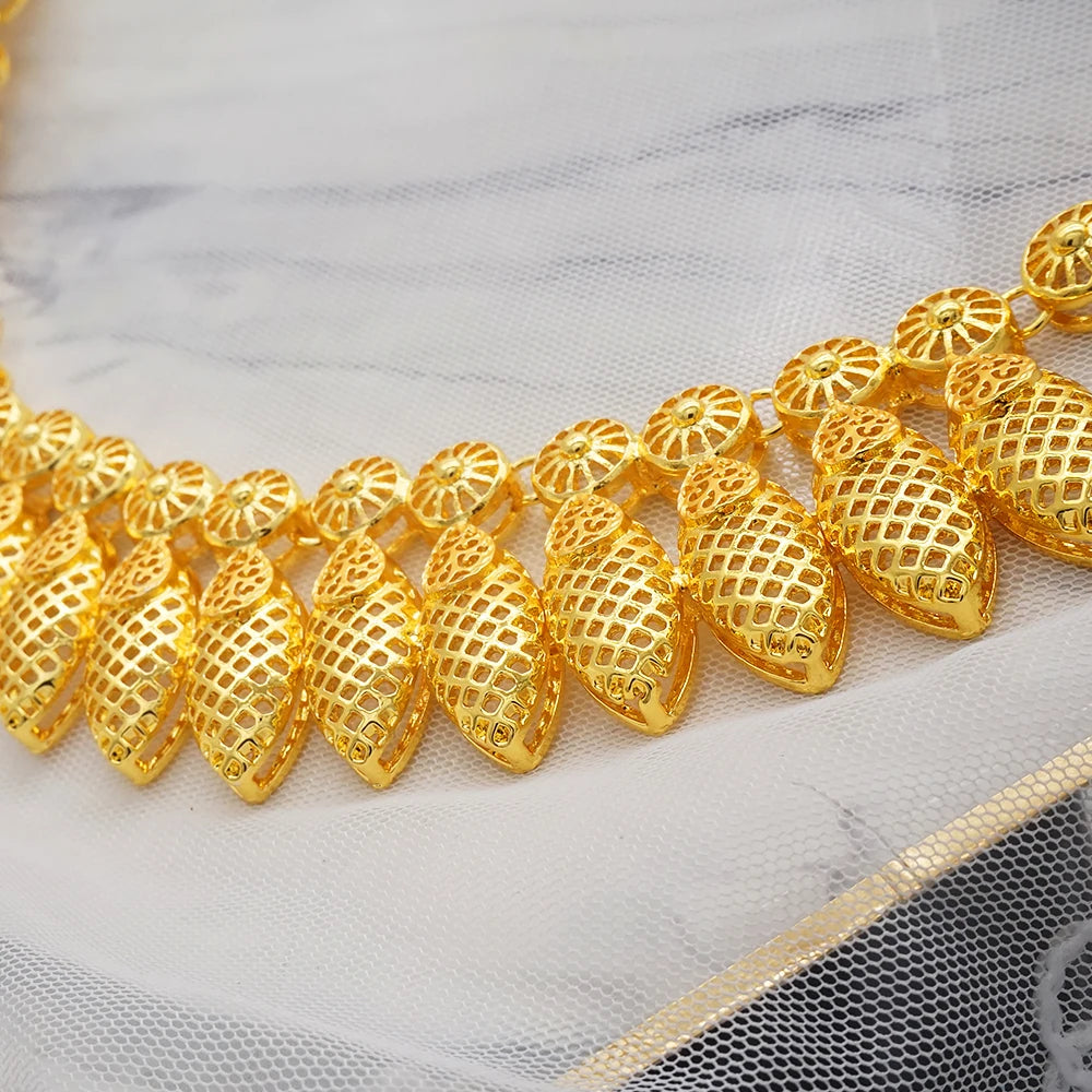 African Gold Color Long Necklace/Earrings/Ring Big Jewelry Set Women Arab Jewelry Wedding Accessories