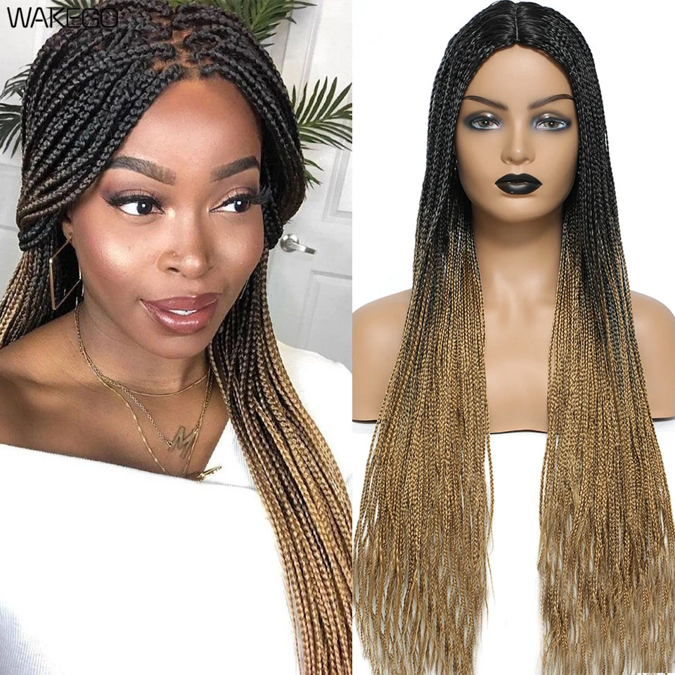 Wakego 26 Inch Ombre Box Braided Wigs For Black Women Braided Wig Fake Scalp Heat Resistant Braiding Hair Wig Peruca Sintetica
