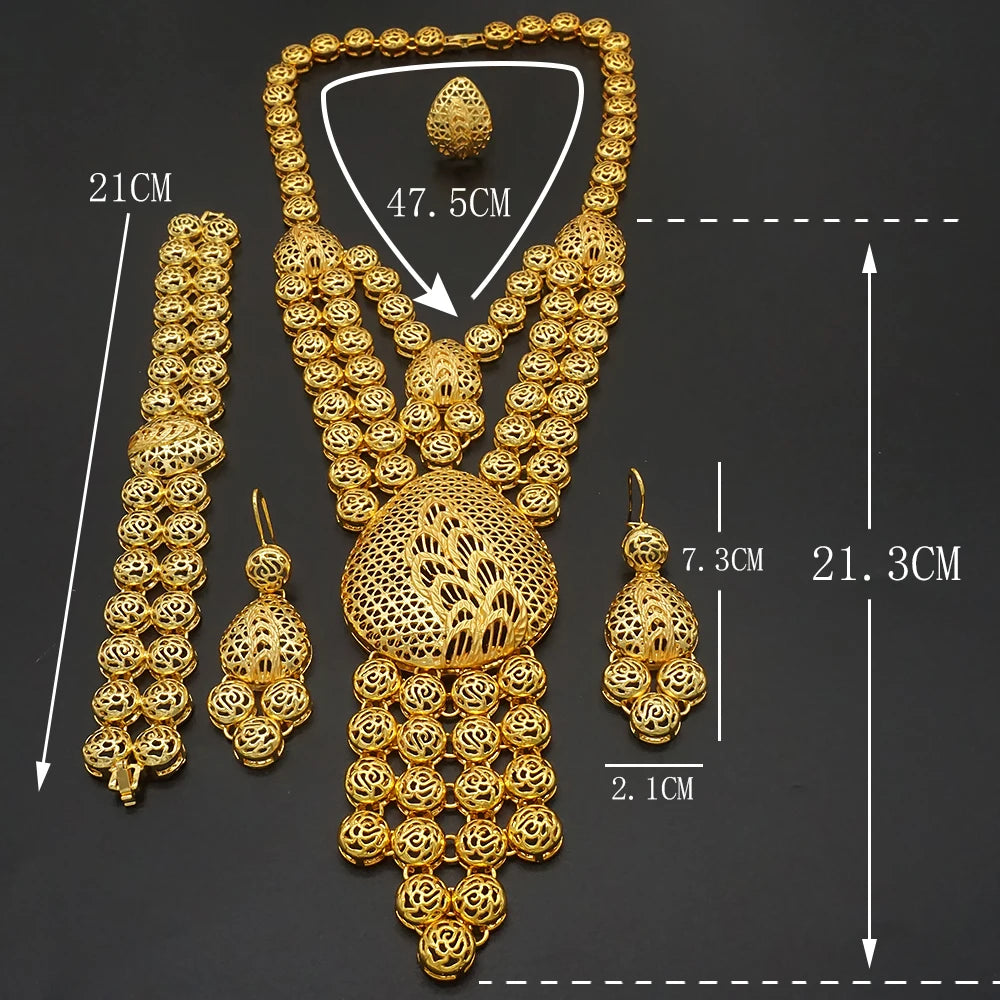 African Gold Color Long Necklace/Earrings/Ring Big Jewelry Set Women Arab Jewelry Wedding Accessories