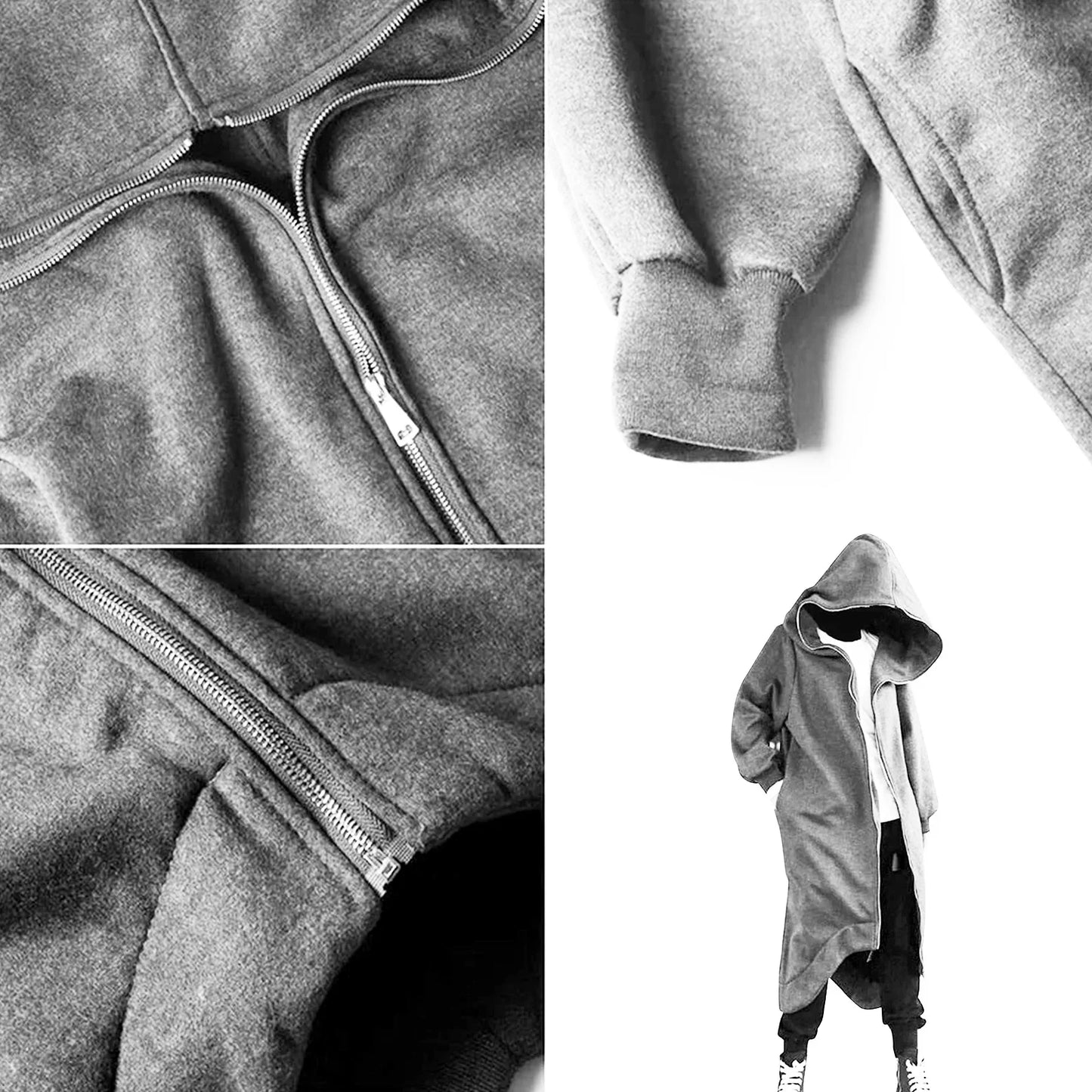 Hot Selling Unisex Long Sleeve Hooded Nazgul Long Coat Zipper Closure Fleece Lined Long Hoodie