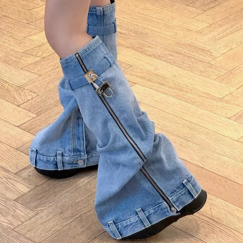 Platform Botas Alto Height Increasing Zipper Lock Decorated Cut Pants Jeans Denim Boots for Woman