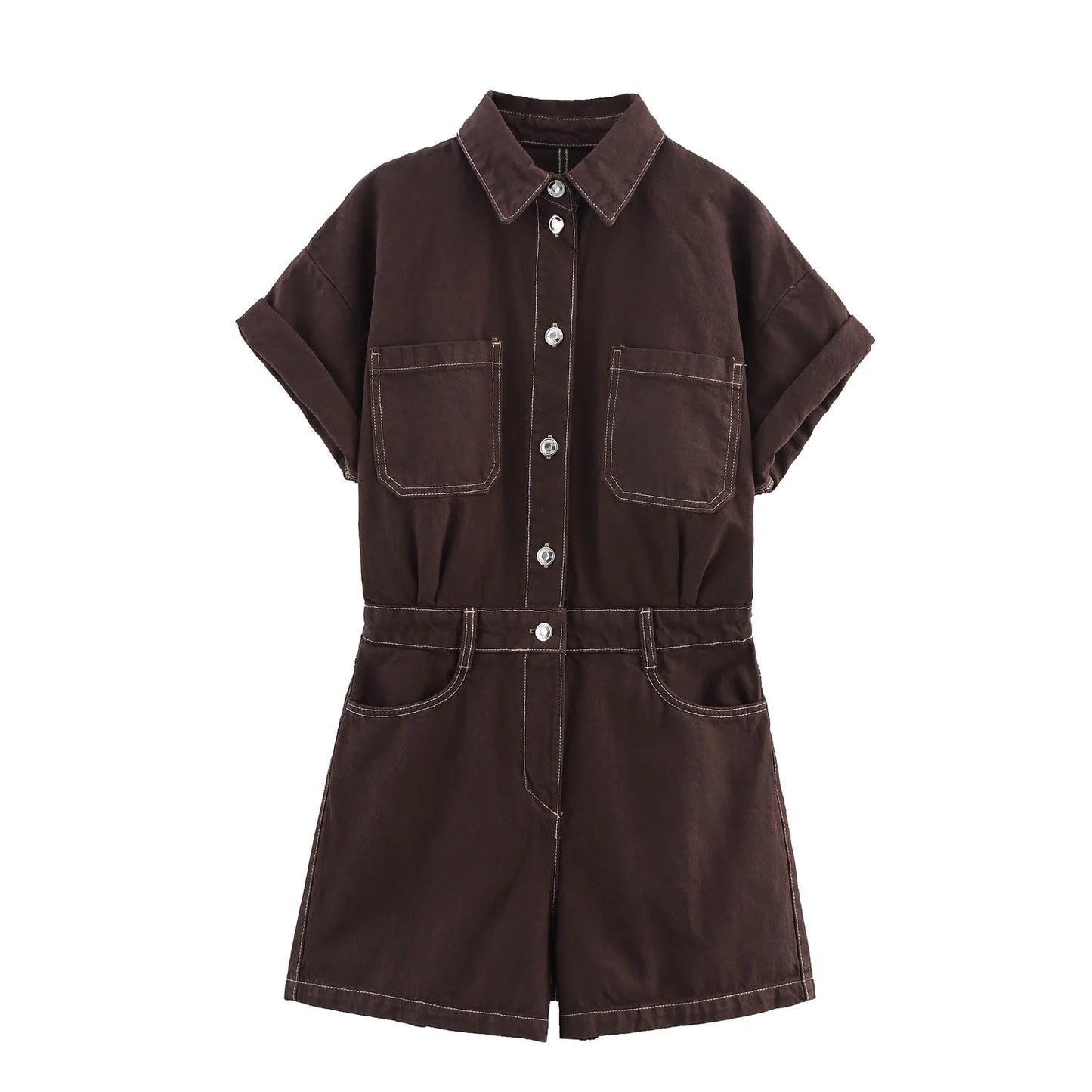 KP&ZA Vintage Summer Women's Casual Slim Denim Overalls Washed Technique Waist Solid 1879039 Rolled Sleeve Lapel Button