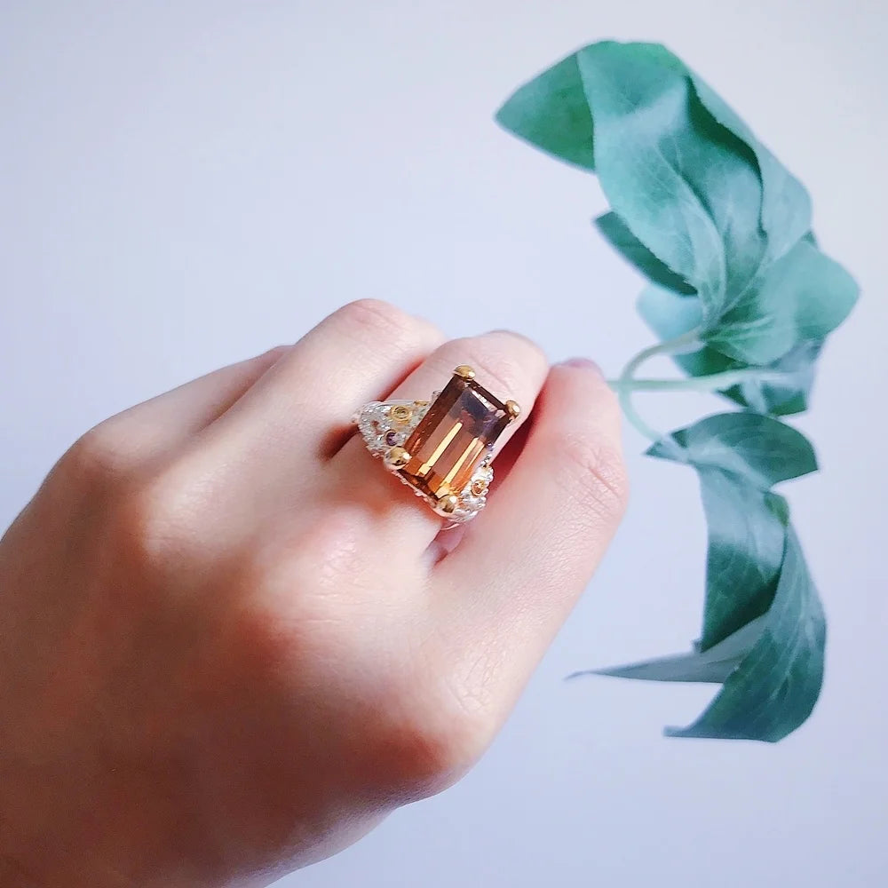 DreamCarnival1989 Crown Design Wedding Ring for Women Two-Tone Sparkling Brown Zirconia Elegant Factory Direct WA11715