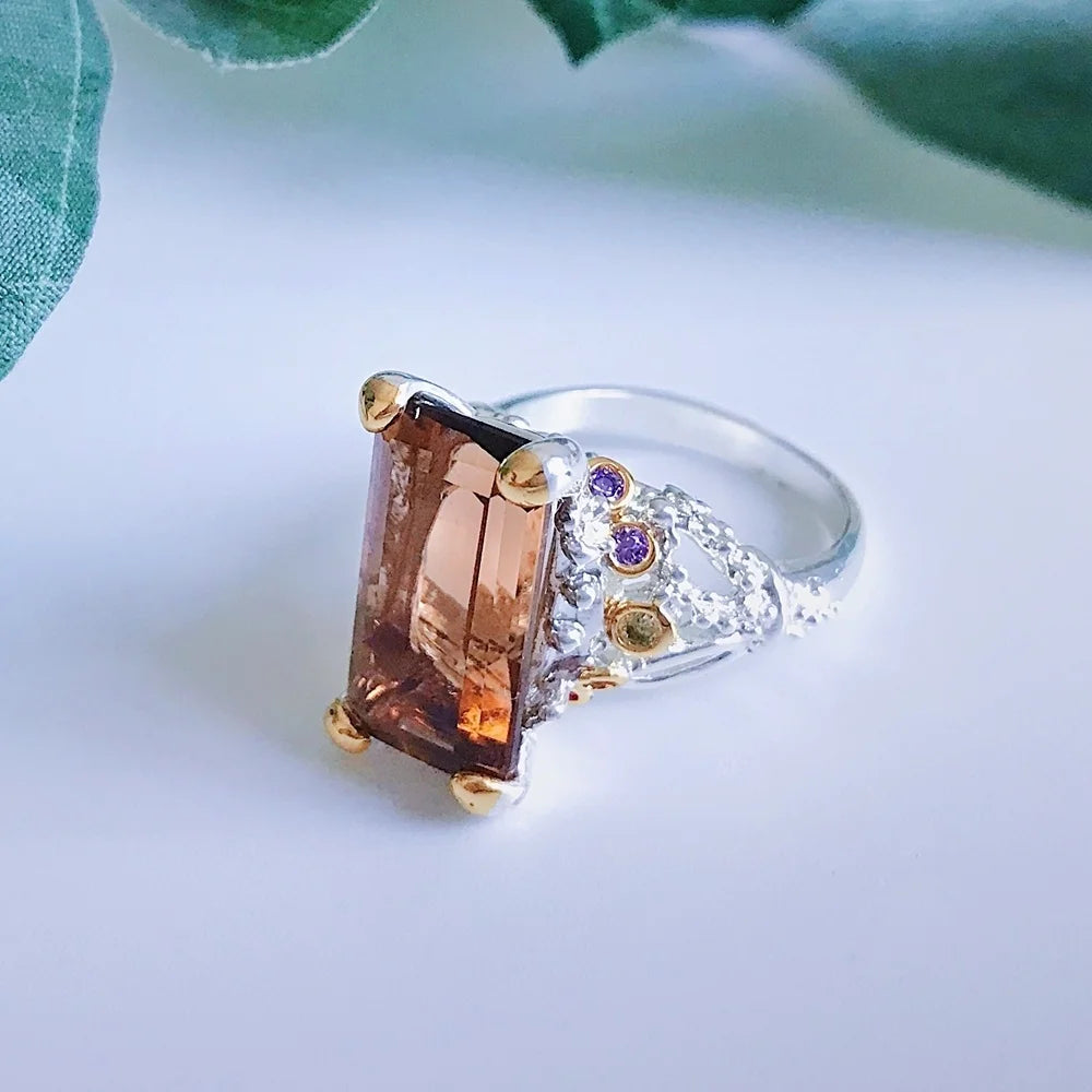 DreamCarnival1989 Crown Design Wedding Ring for Women Two-Tone Sparkling Brown Zirconia Elegant Factory Direct WA11715