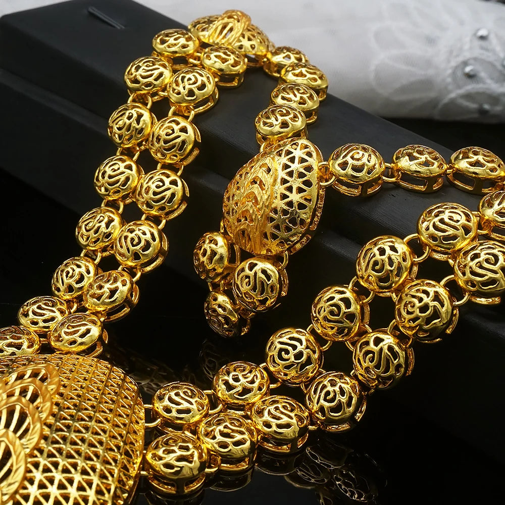 African Gold Color Long Necklace/Earrings/Ring Big Jewelry Set Women Arab Jewelry Wedding Accessories