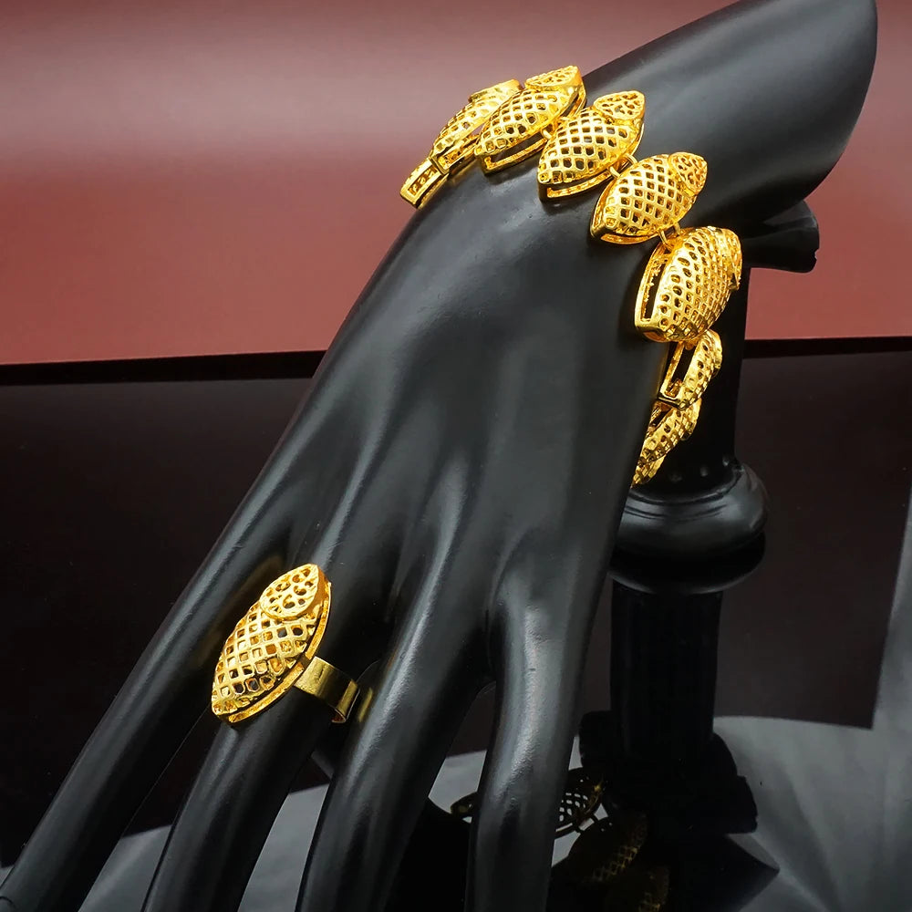 African Gold Color Long Necklace/Earrings/Ring Big Jewelry Set Women Arab Jewelry Wedding Accessories