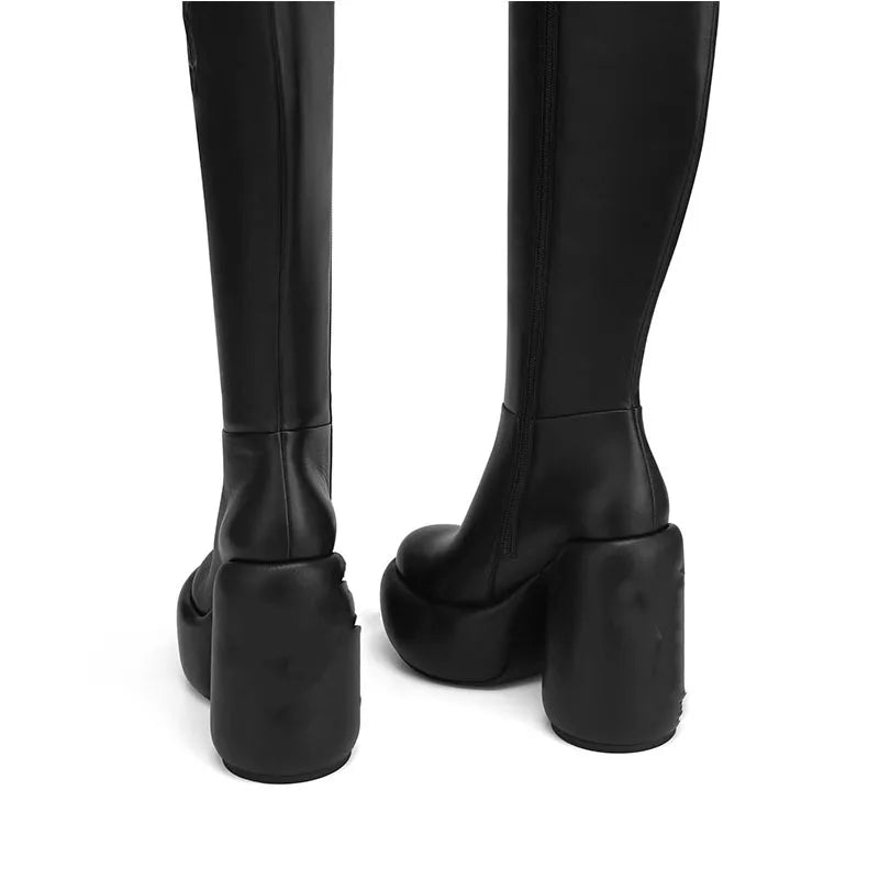 Women's Black Over Knee High Boots Botas Alto Chunky Platform Block Heels Zip Closure Winter Women's Shoes