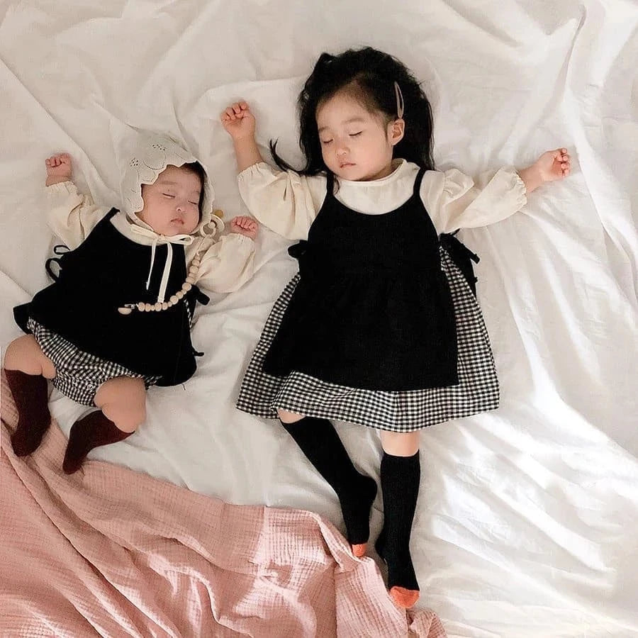 2026 Autumn Baby Clothes 2pcs Set Siblings Clothes Infant Girls Bodysuit Big Sisters Dress Toddler Suit