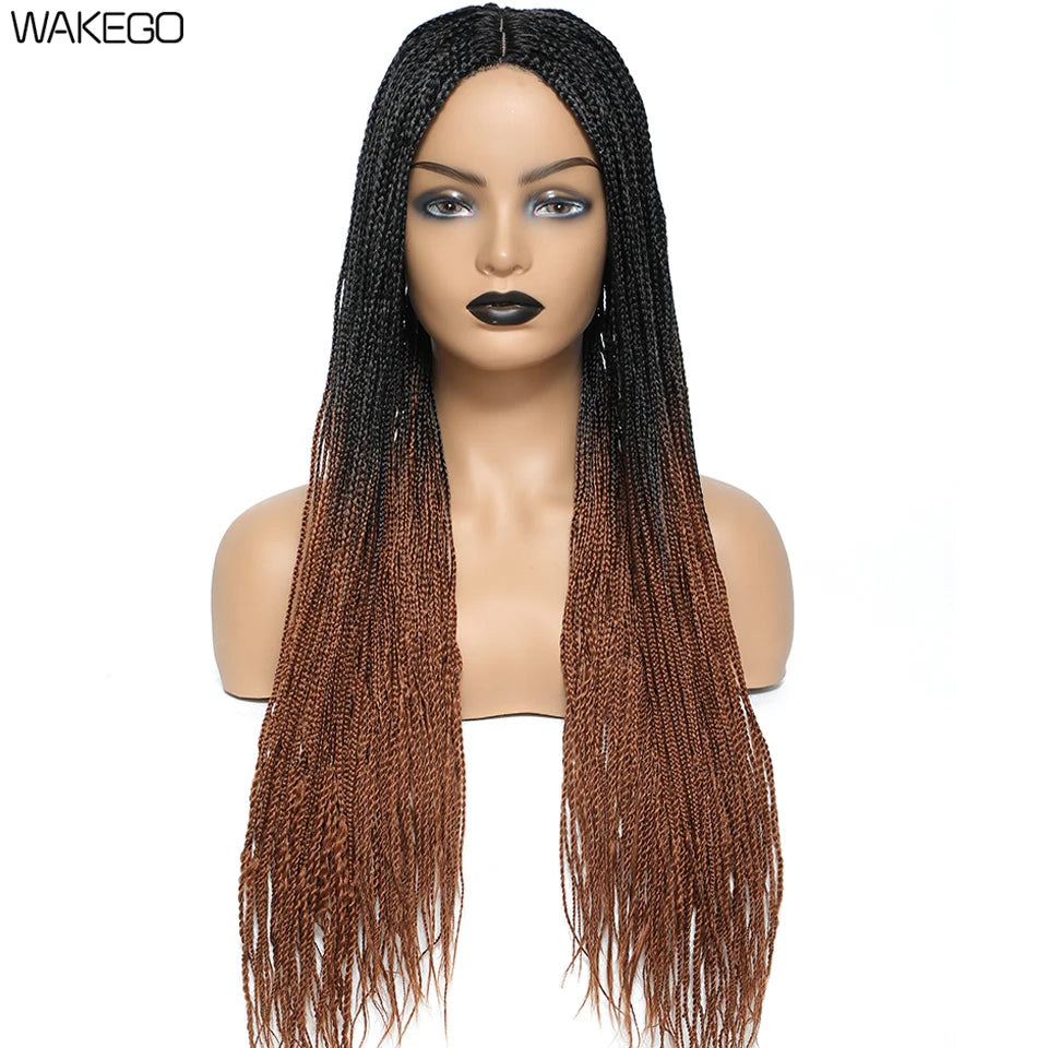 Wakego 26 Inch Ombre Box Braided Wigs For Black Women Braided Wig Fake Scalp Heat Resistant Braiding Hair Wig Peruca Sintetica