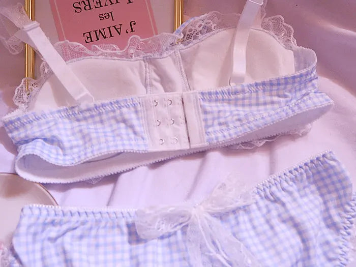 Girl Sweet Cute Wire Free Comfortable Bra Set Animie Lolita Women Underwear Suit Sexy Lace Plaid Kawaii Bra and Panty Set