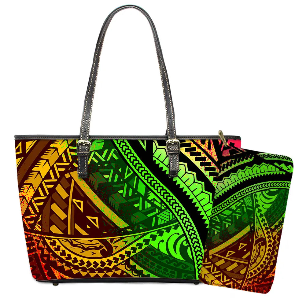 Elegant Polynesian Tribal Hawaii Tropical Leather Purses with Zipper Wallet Luxury Ladies Tote Bag Custom Women's Shoulder Bag