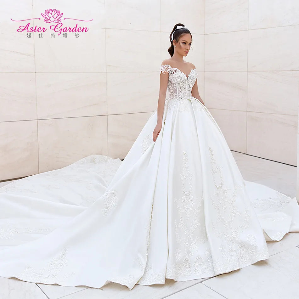Aster Garden Satin Wedding Dresses 2021 Vestido Noiva Sweetheart Luxury Beaded Lace Princess Bridal Dress A-Line Robe De Mariee