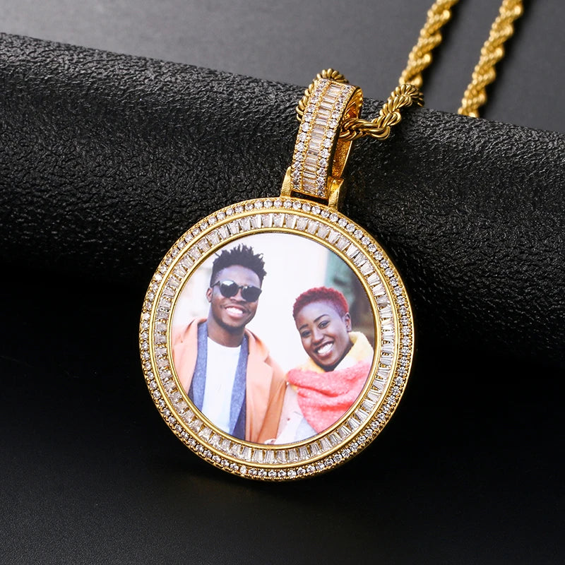 Customized Necklace Pendant Round Photo Medallions Necklace Men‘s Hip Hop Jewelry Personalized Custom Name Engraved Pendant Gift