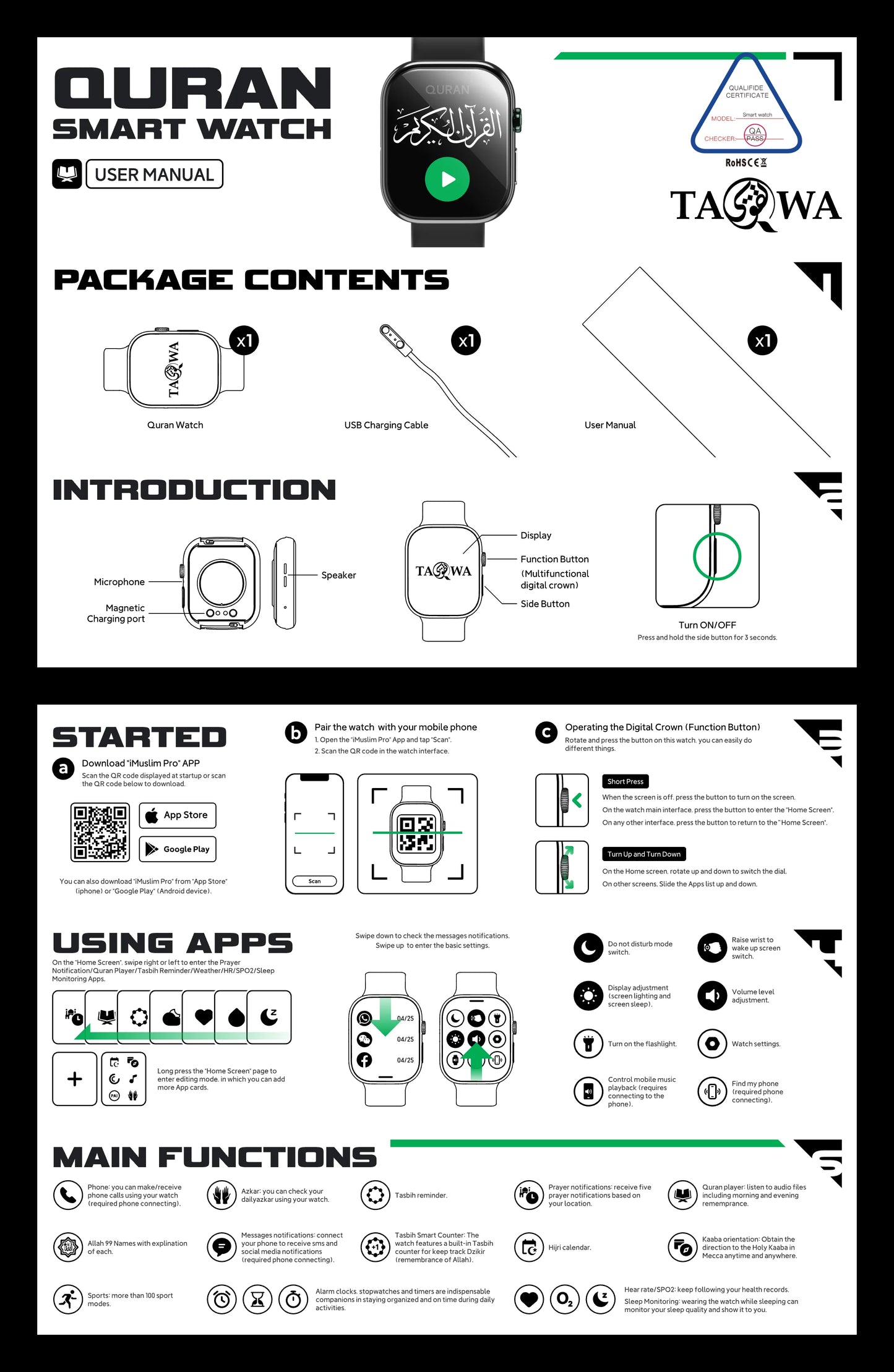 TAQWA Quran SMART WATCH 100+ Sports Modes Fitness Tracker Watch Muslim Smart Watch Electronic Muslim Rosary