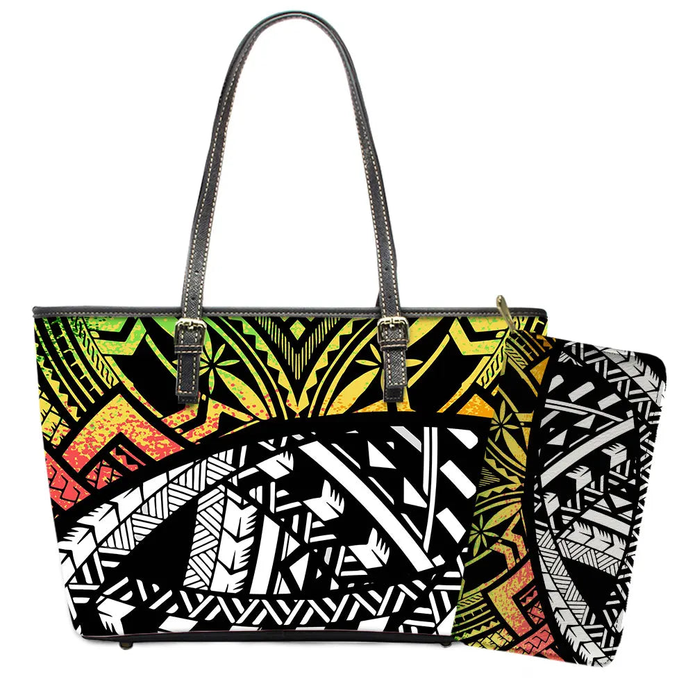Elegant Polynesian Tribal Hawaii Tropical Leather Purses with Zipper Wallet Luxury Ladies Tote Bag Custom Women's Shoulder Bag