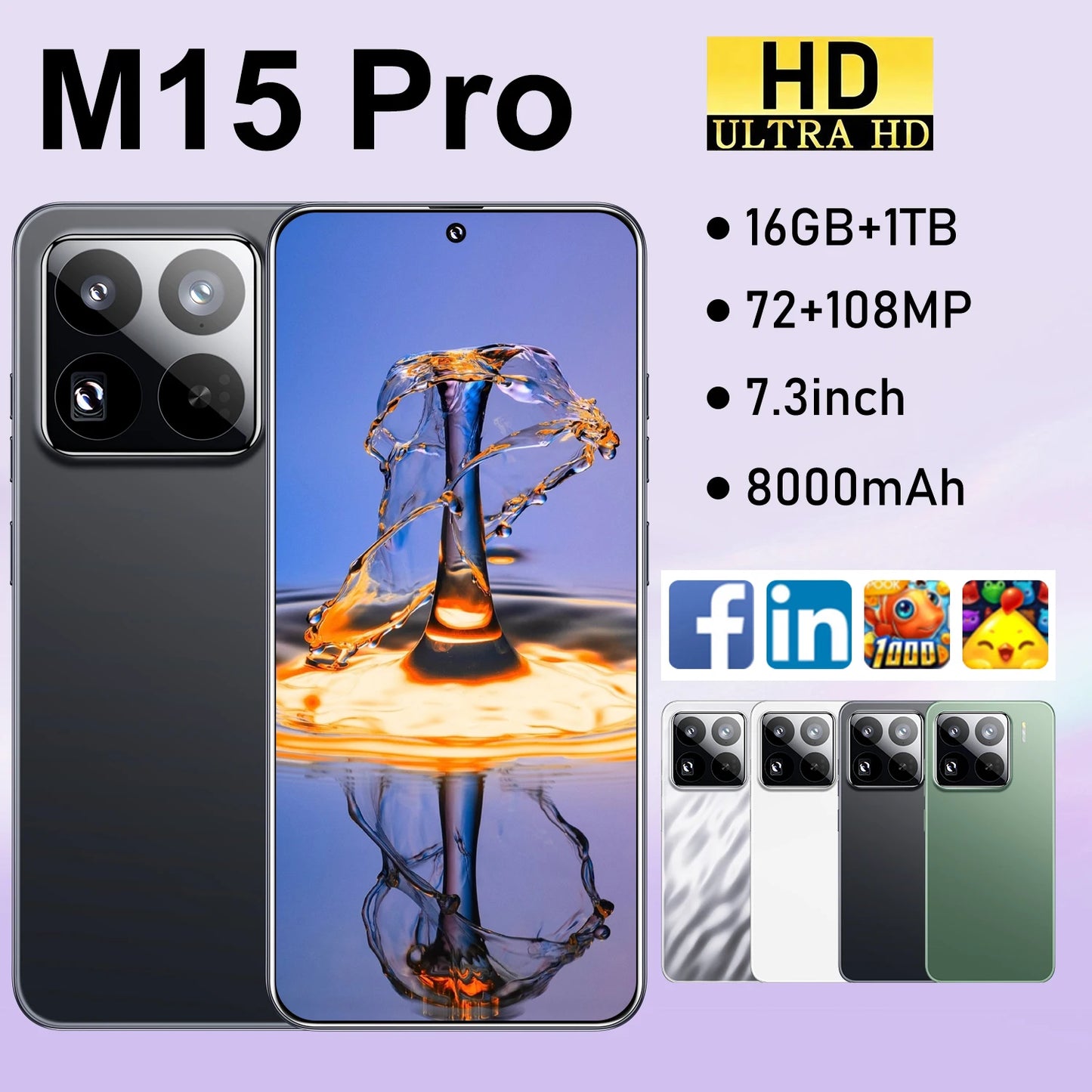 Wholesale M15 Pro 5G Smart Phone Unlocked Android 14 with Face Recognition 4G/5G 16GB+1TB Mobile Phones Cellphone