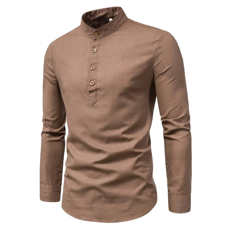 DAN Slim Solid Color Long Sleeve Business Shirt Half-Open with Standing Collar Cotton Linen  Autumn K93K1-01-10