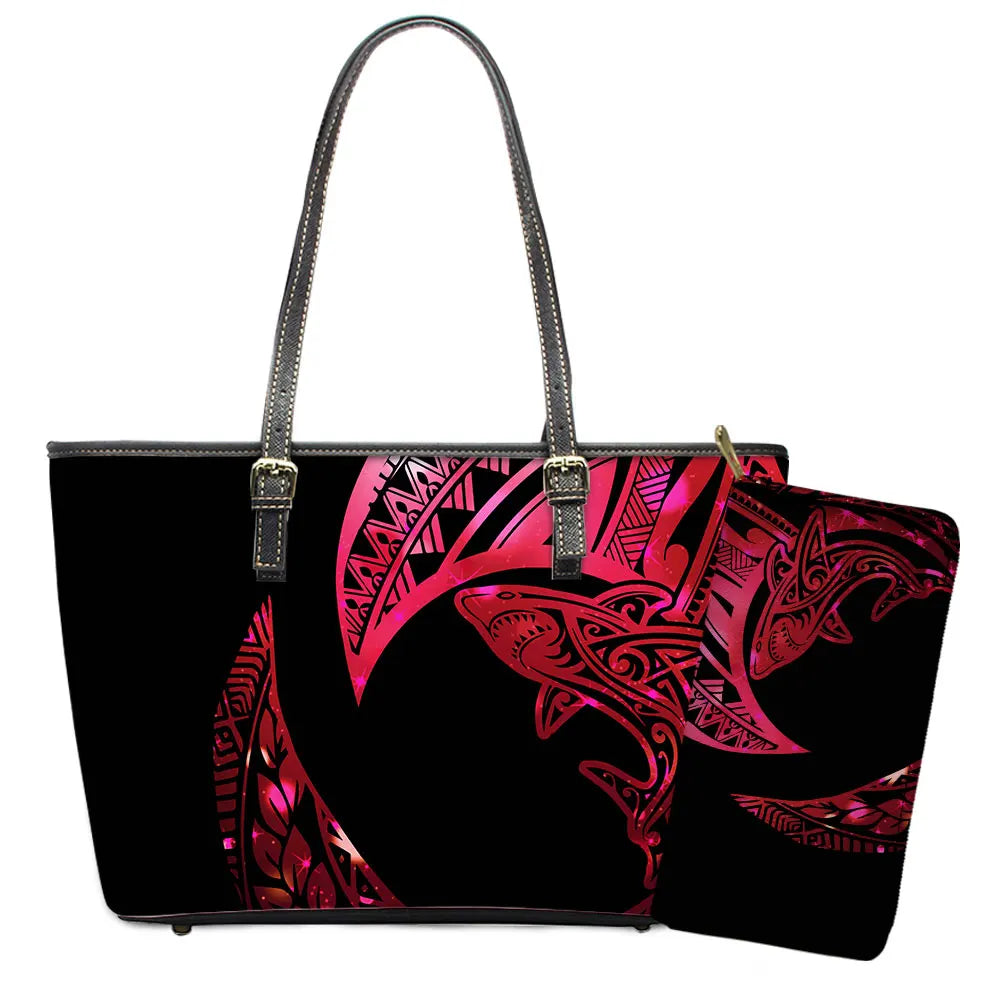 Elegant Polynesian Tribal Hawaii Tropical Leather Purses with Zipper Wallet Luxury Ladies Tote Bag Custom Women's Shoulder Bag