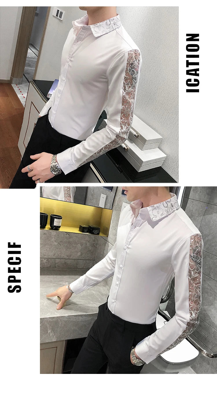 Chemise Homme Fashion Sexy Lace Long Sleeve Elegant Shirts For Men Clothing Slim Fit Casual Men's Social Shirt Tuxedo Big Size