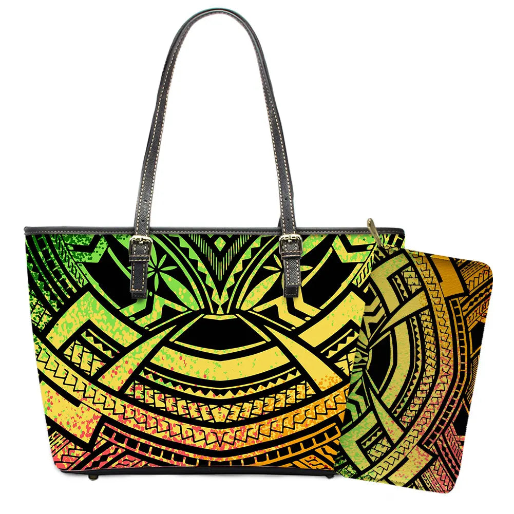 Elegant Polynesian Tribal Hawaii Tropical Leather Purses with Zipper Wallet Luxury Ladies Tote Bag Custom Women's Shoulder Bag