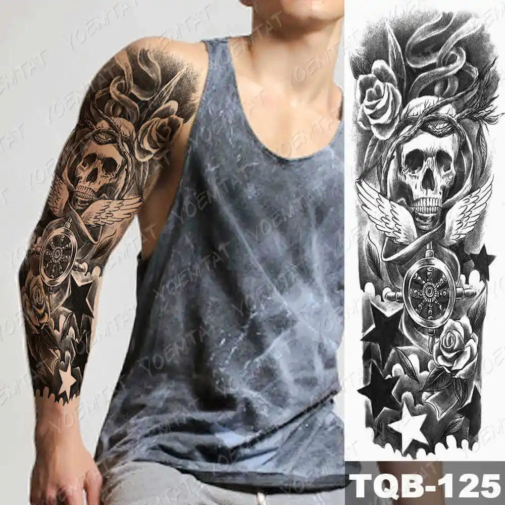 Large Arm Sleeve Tattoo Forest Angel Wolf Lion Waterproof Temporary Tatto Sticker Crown Skull Body Art Full Fake Tatoo Women Men