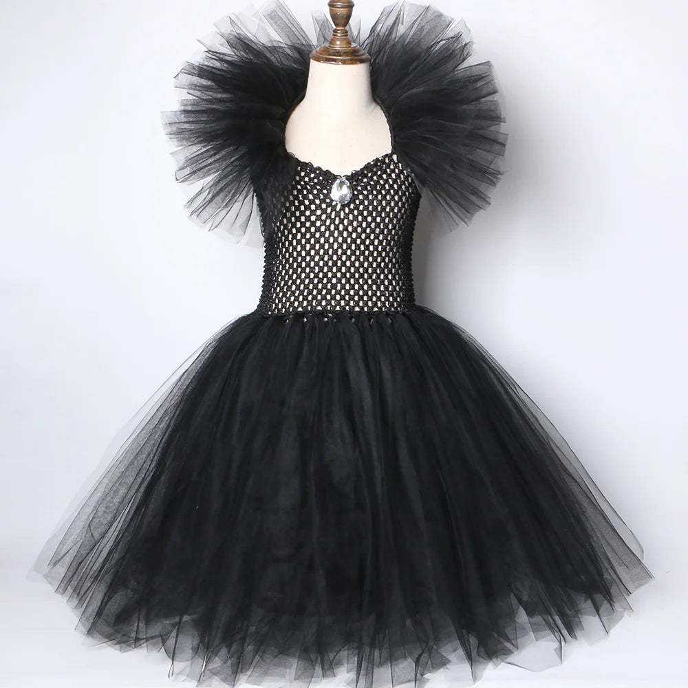 Girls Black Evil Queen Maleficent Tutu Dress Horns Wings Dark Witch Cosplay Carnival Halloween Costume for Kids Fancy Clothes