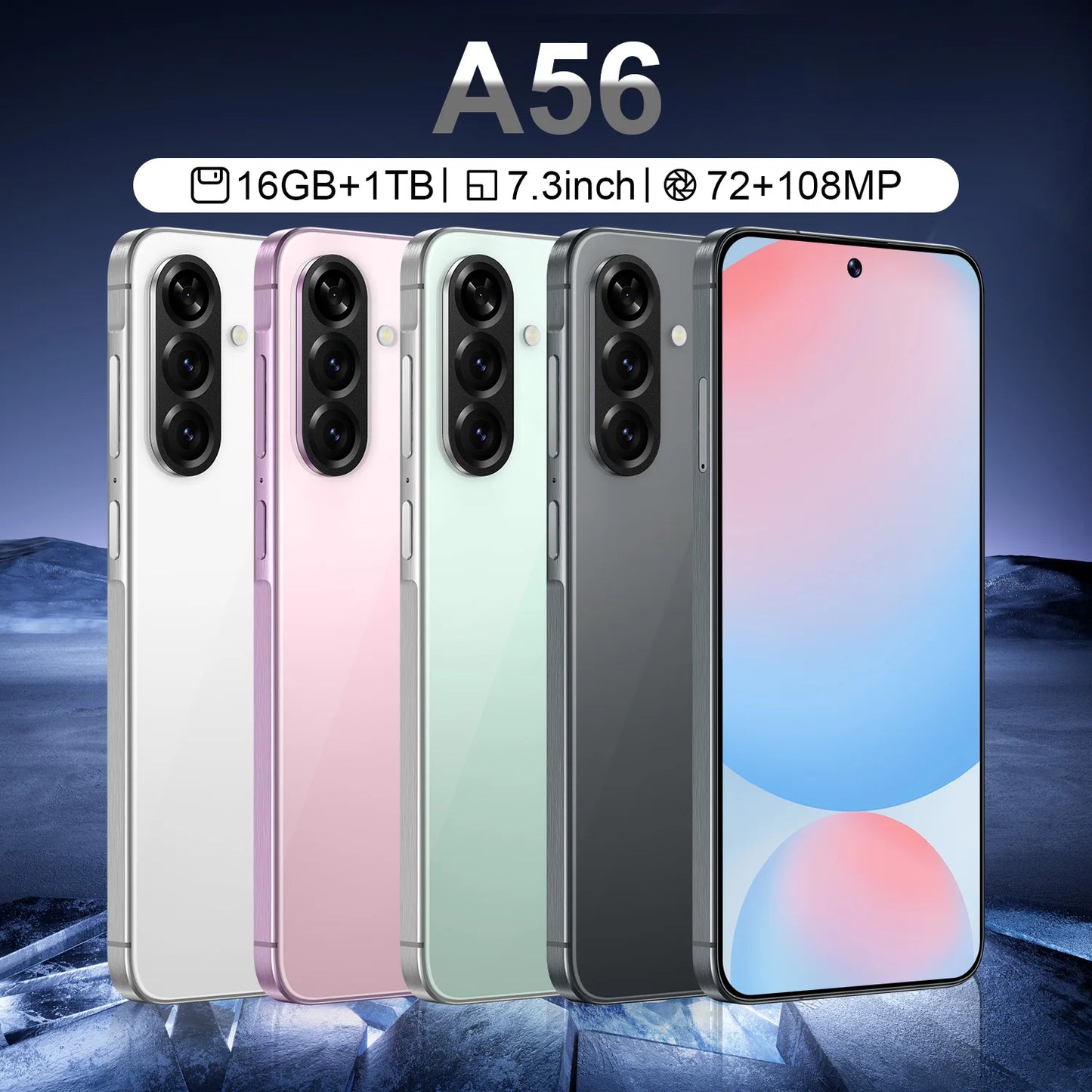 2025 New Style HD A56 5G Smartphone Global Version Android Smart Phone 128GB ROM Dual SIM and Touch Screen Features